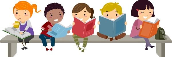 kids reading on bench